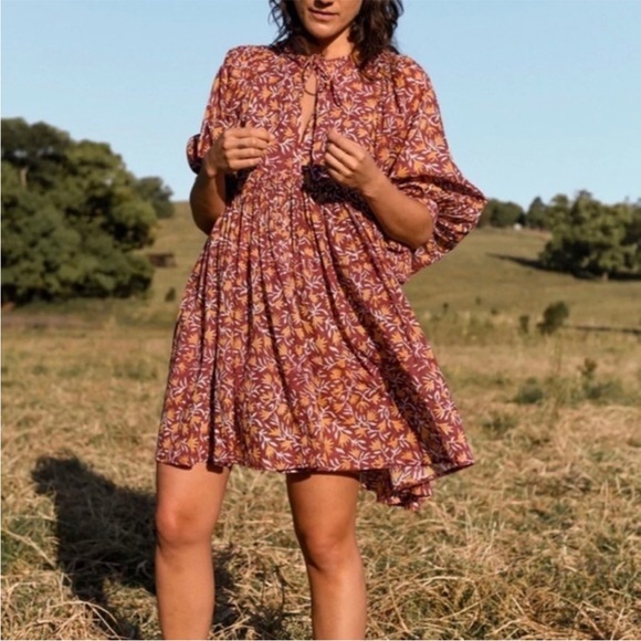 Daughters of India Dresses & Skirts - Daughters of India Kyra Mini Dress Puff Sleeves Sumac Brown Size Small